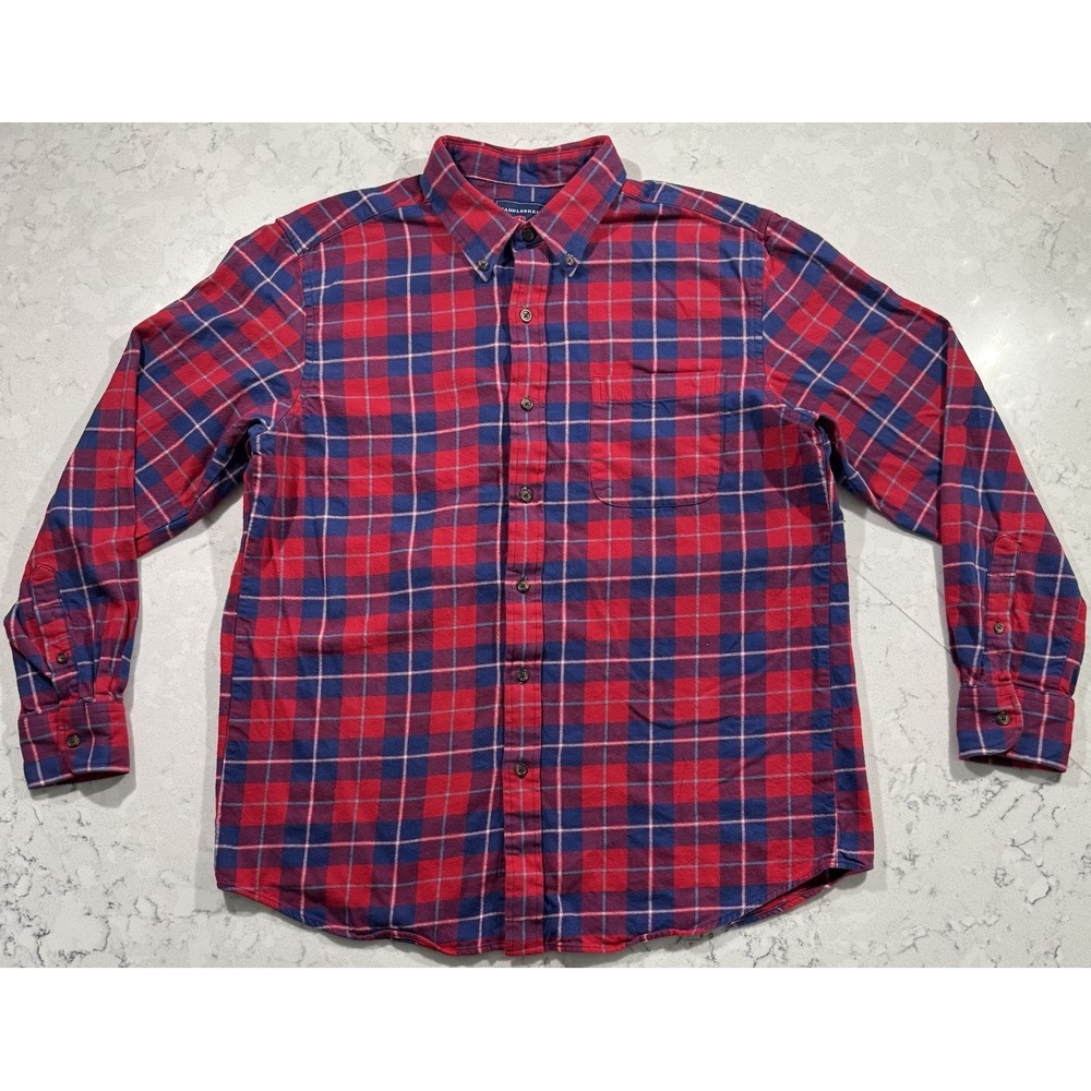 Saddlebred Mens Large Red Blue Plaid Long Sleeve Cotton Flannel Button Down